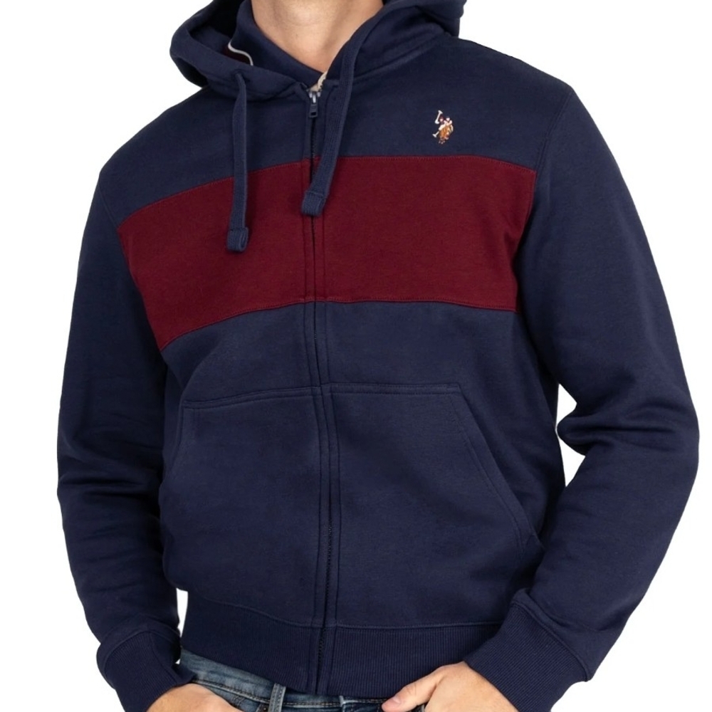 U.S. Polo Assn. Navy and Burgundy Zip-Up Hooded Sweatshirt